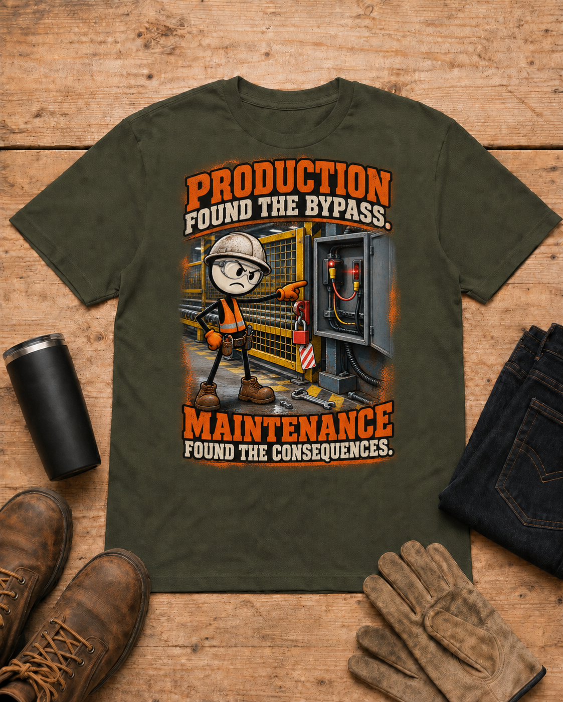 Industrial maintenance shirt - 06 military green universal workbench flat-lay