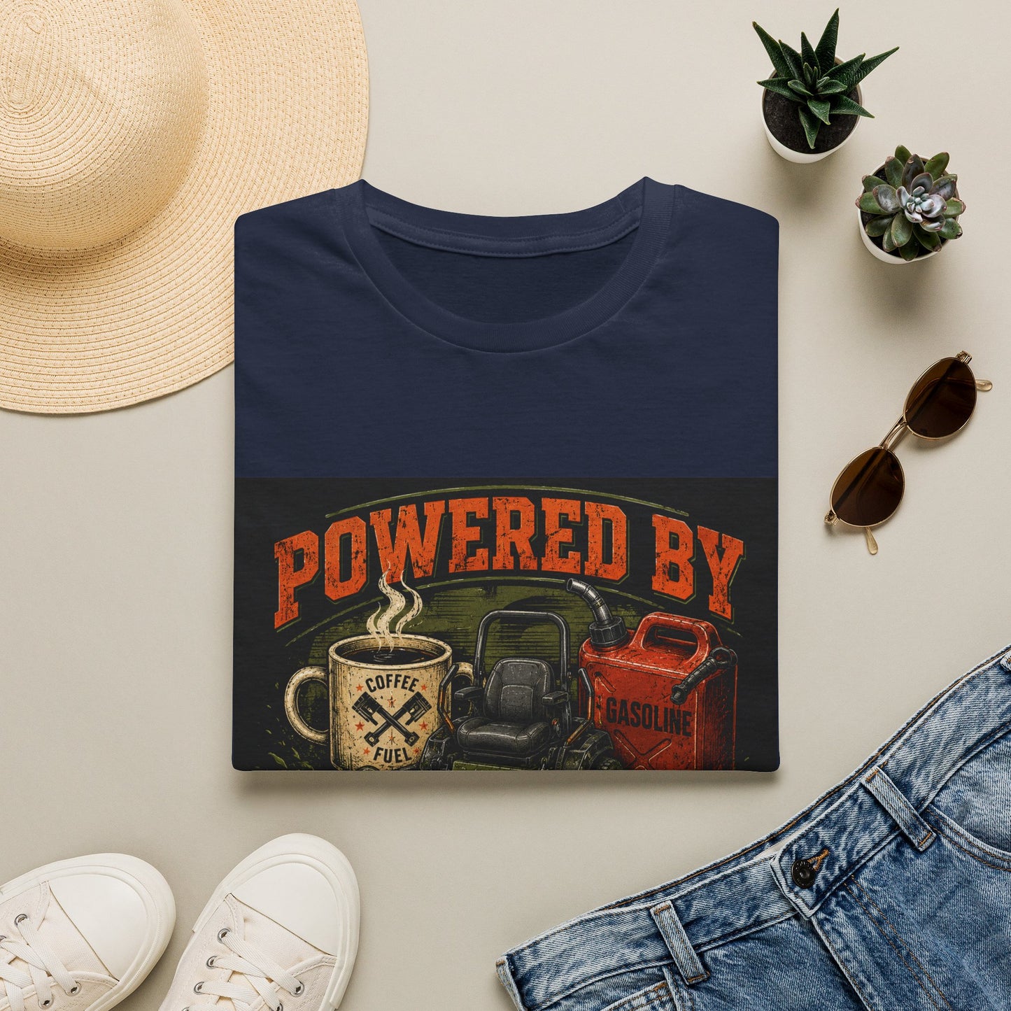Powered by Caffeine and Gasoline Lawn Care Shirt product mockup, view 15