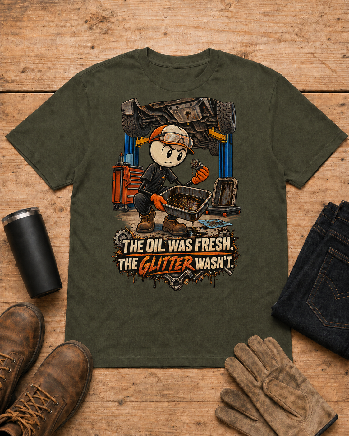 Mechanic shirt - 06 military green universal workbench flat-lay