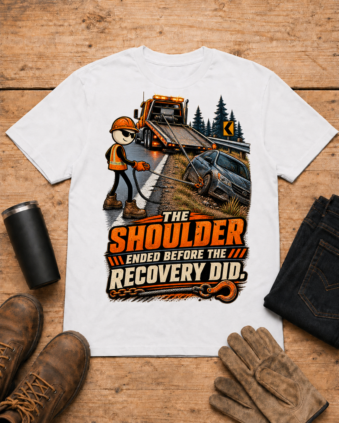 Towing and recovery shirt - 03 white universal workbench flat-lay