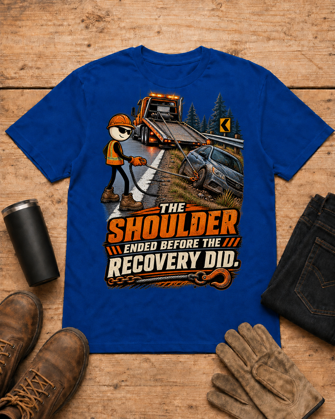 Towing and recovery shirt - 05 royal blue universal workbench flat-lay