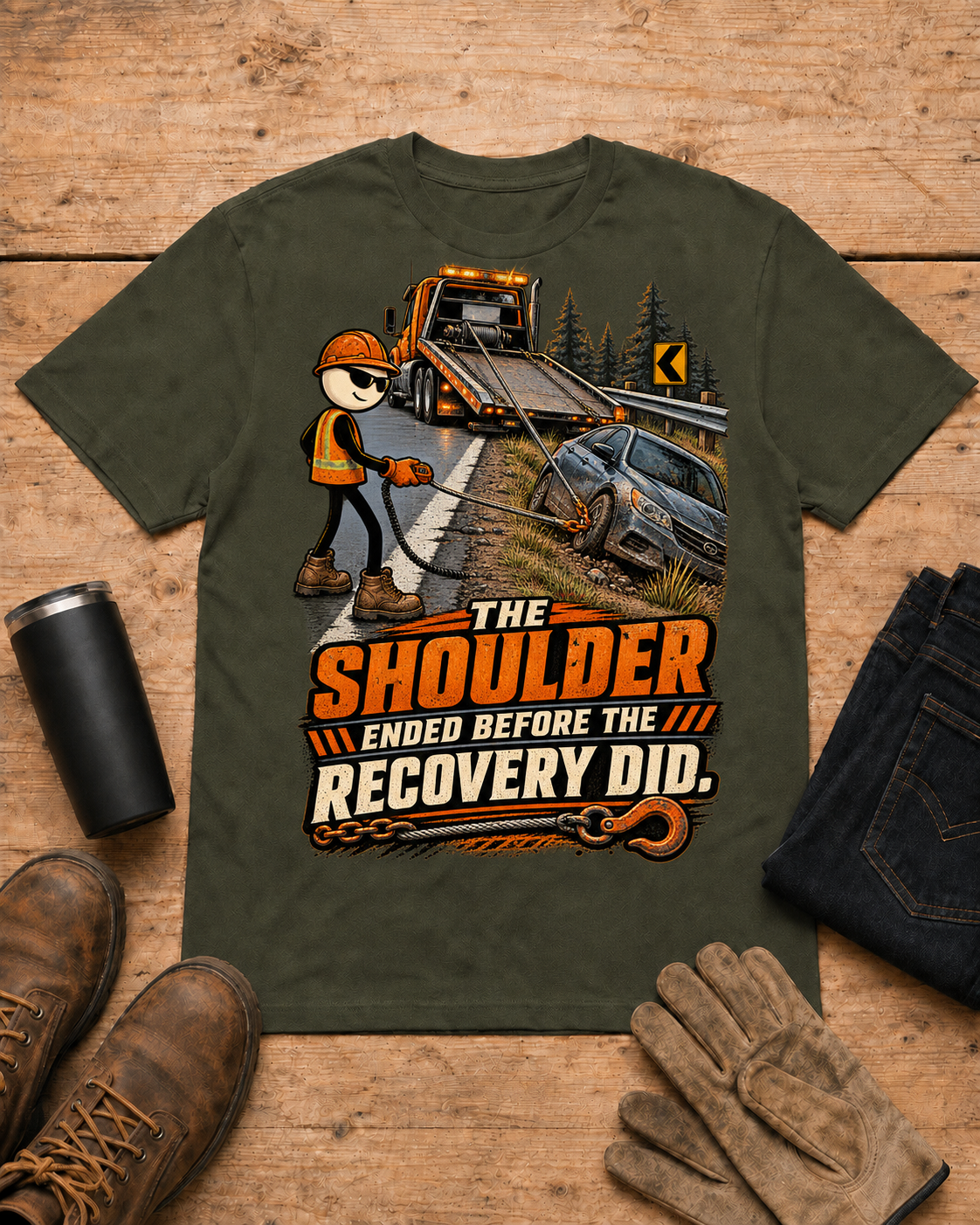 Towing and recovery shirt - 06 military green universal workbench flat-lay