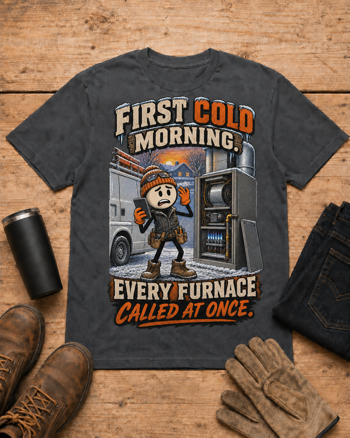 HVAC shirt - 04 dark heather universal workbench flat-lay