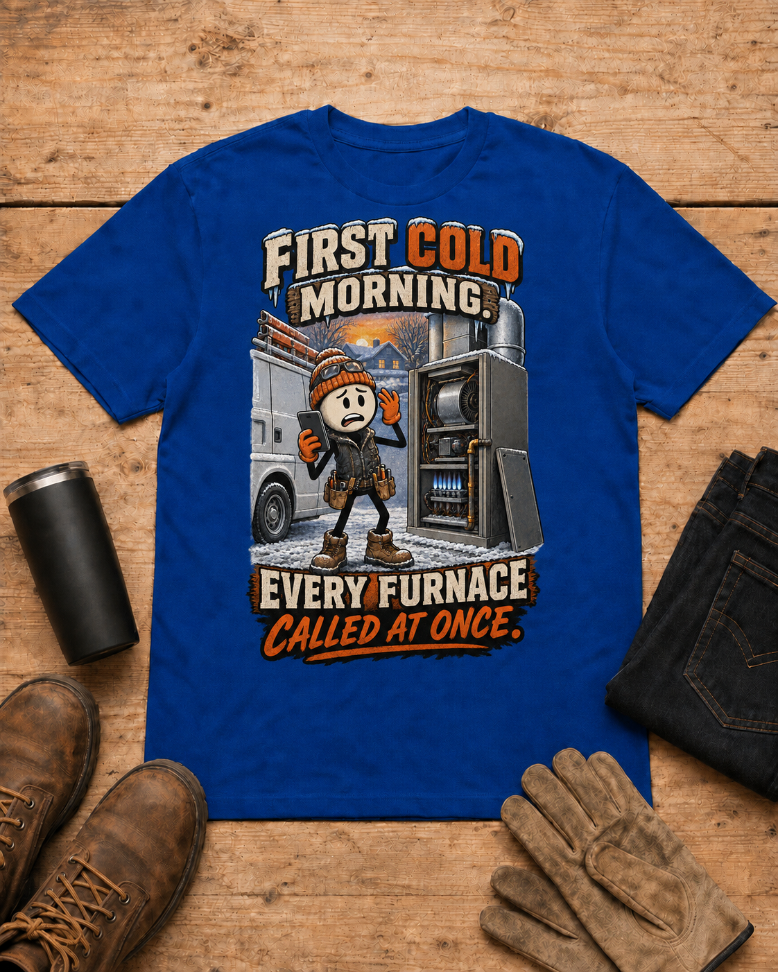 HVAC shirt - 05 royal blue universal workbench flat-lay