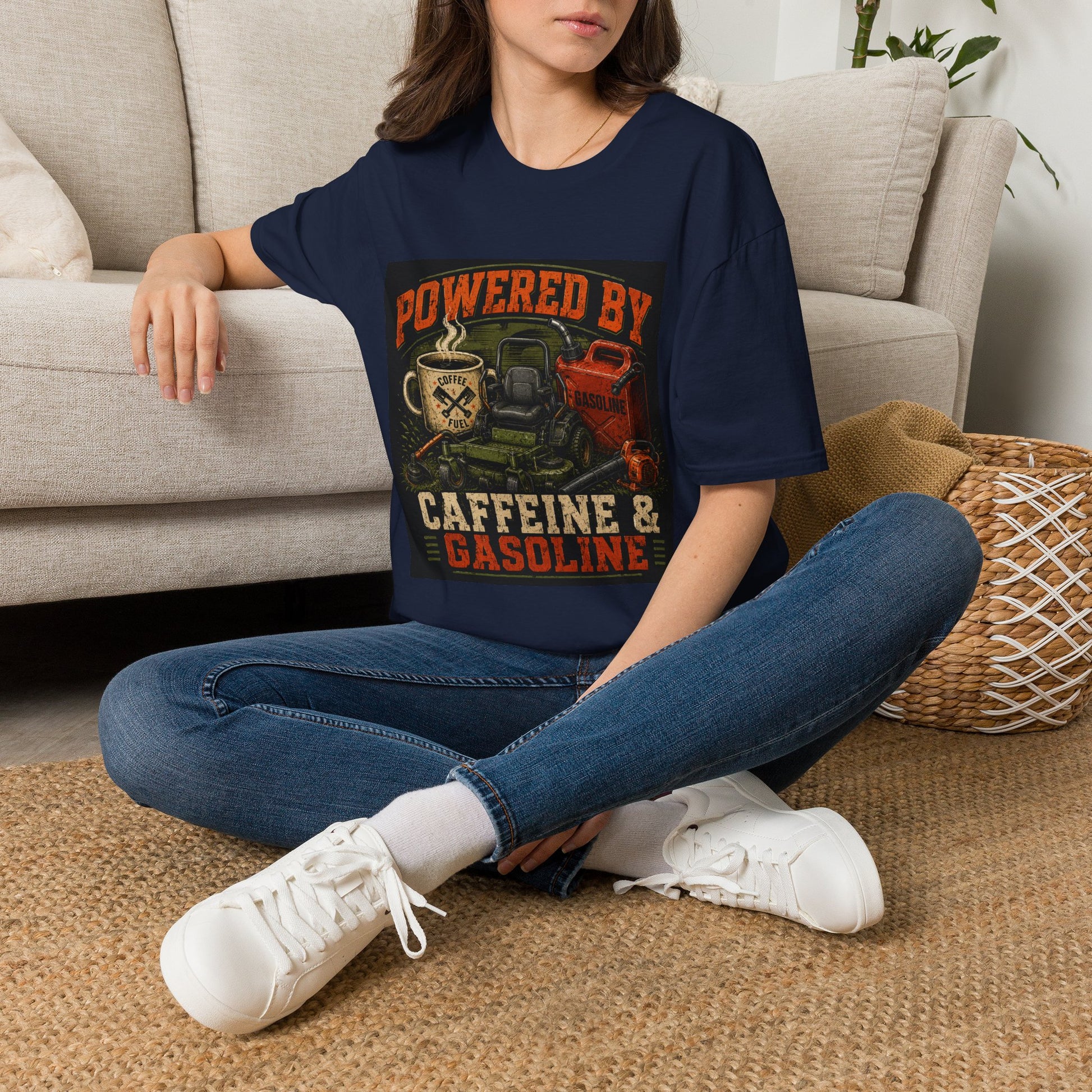 Powered by Caffeine and Gasoline Lawn Care Shirt product mockup, view 14