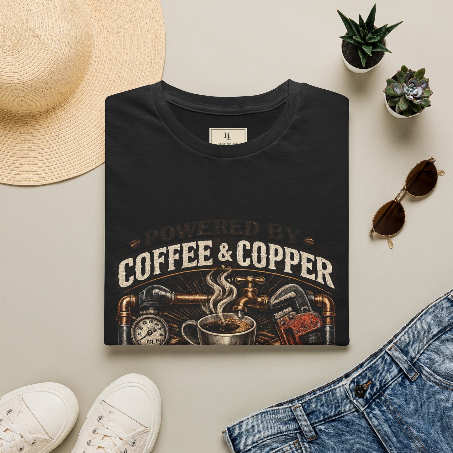 Powered by Coffee and Copper Plumber Shirt product mockup, view 11
