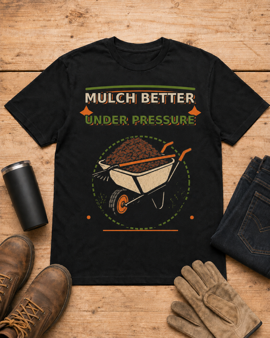 Mulch Better Under Pressure Landscaper Shirt in Black workbench flat lay