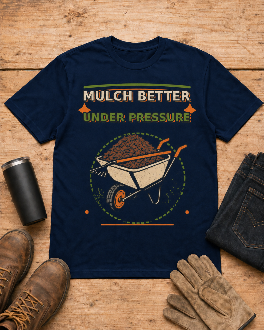 Mulch Better Under Pressure Landscaper Shirt in Navy workbench flat lay
