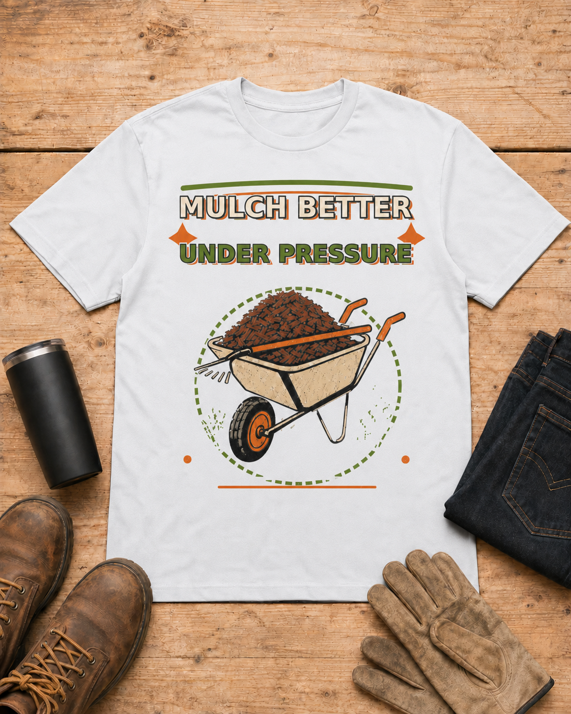 Mulch Better Under Pressure Landscaper Shirt in White workbench flat lay