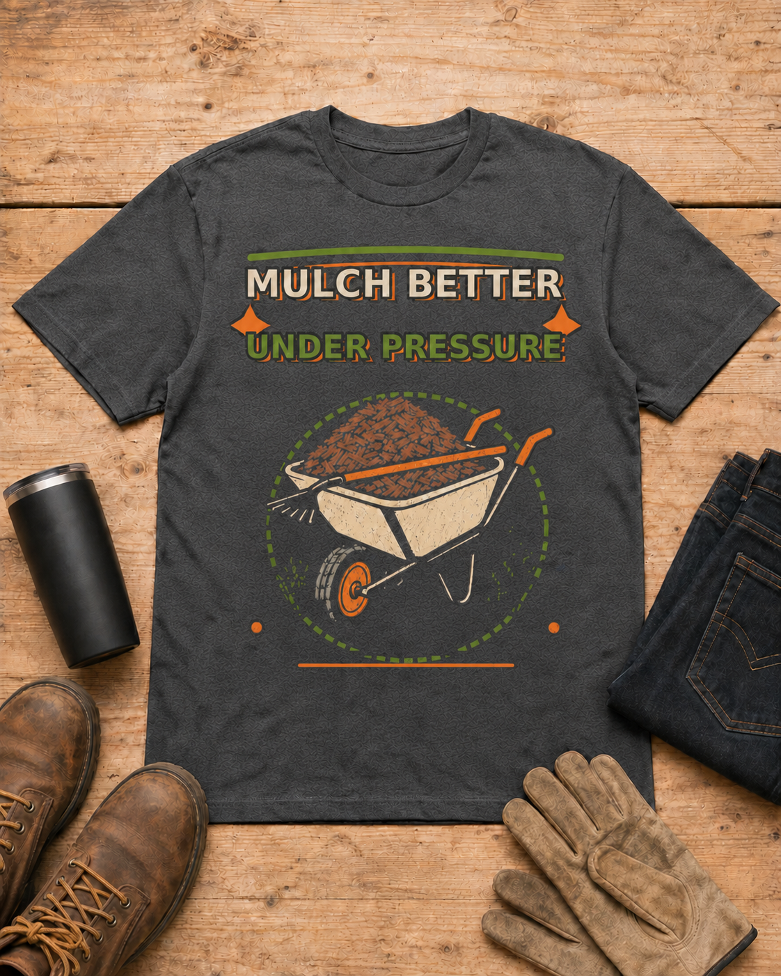 Mulch Better Under Pressure Landscaper Shirt in Dark Heather workbench flat lay