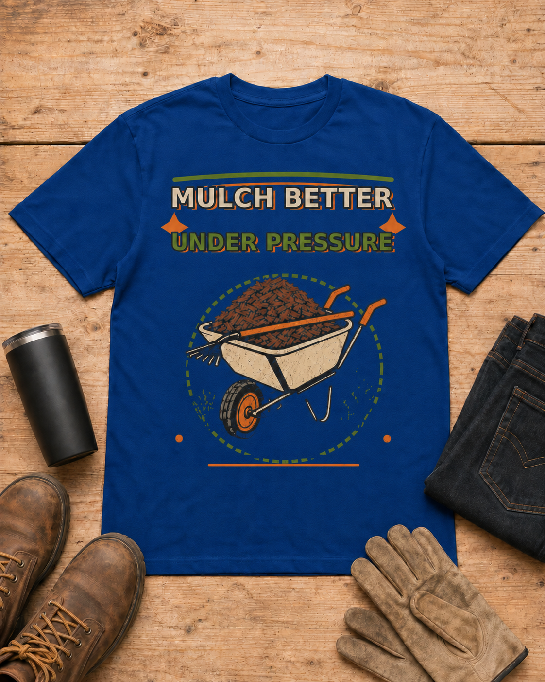 Mulch Better Under Pressure Landscaper Shirt in Royal Blue workbench flat lay