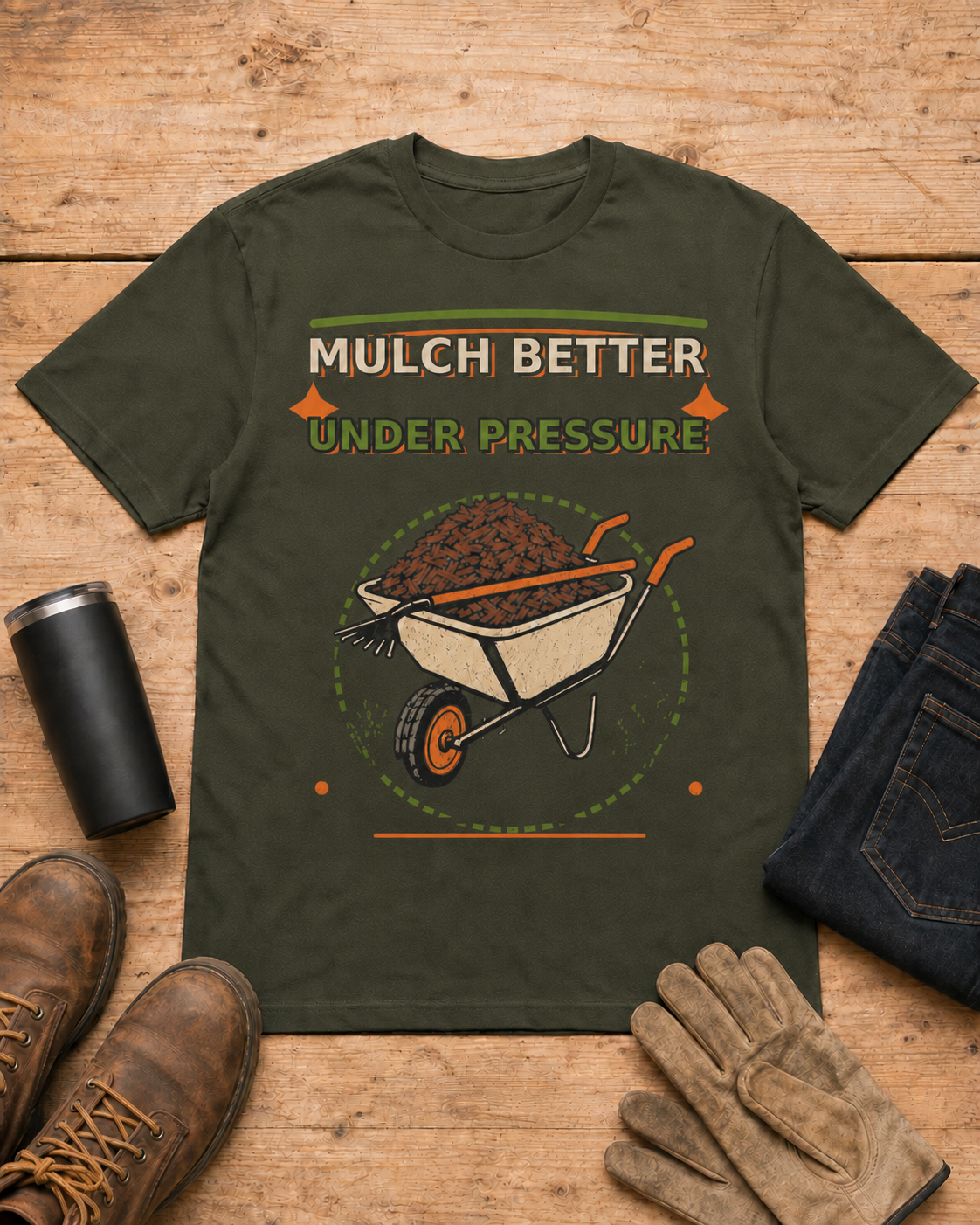 Mulch Better Under Pressure Landscaper Shirt in Military Green workbench flat lay