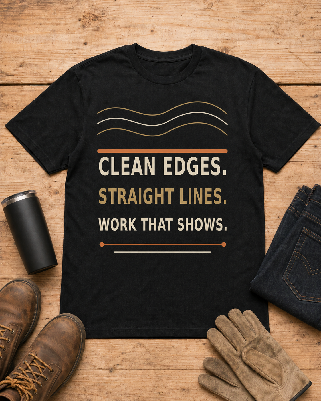 Clean Edges Straight Lines Lawn Care Shirt in Black workbench flat lay
