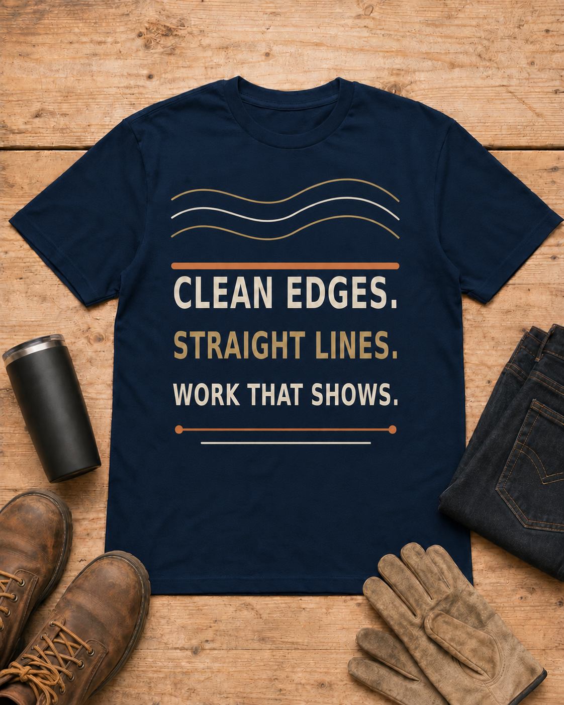 Clean Edges Straight Lines Lawn Care Shirt in Navy workbench flat lay