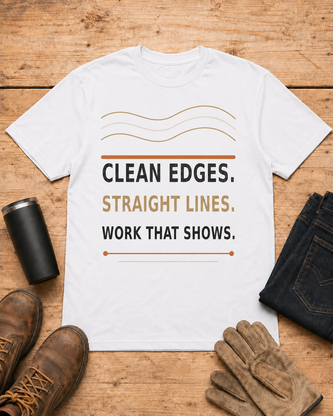 Clean Edges Straight Lines Lawn Care Shirt in White workbench flat lay