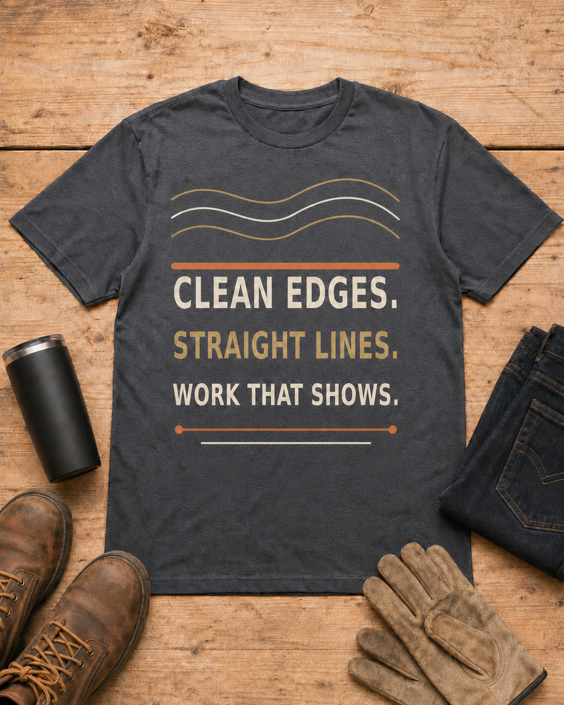 Clean Edges Straight Lines Lawn Care Shirt in Dark Heather workbench flat lay