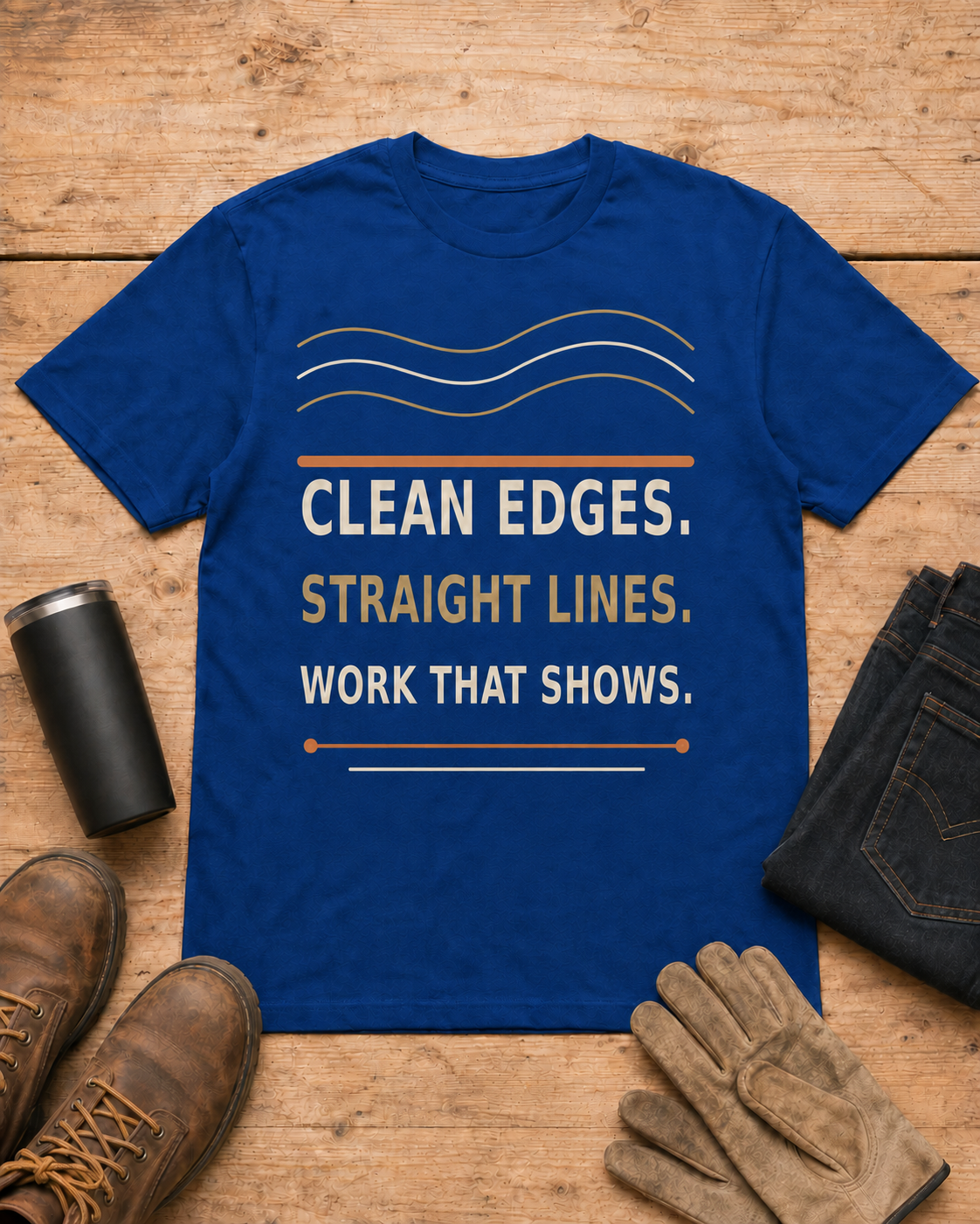 Clean Edges Straight Lines Lawn Care Shirt in Royal Blue workbench flat lay