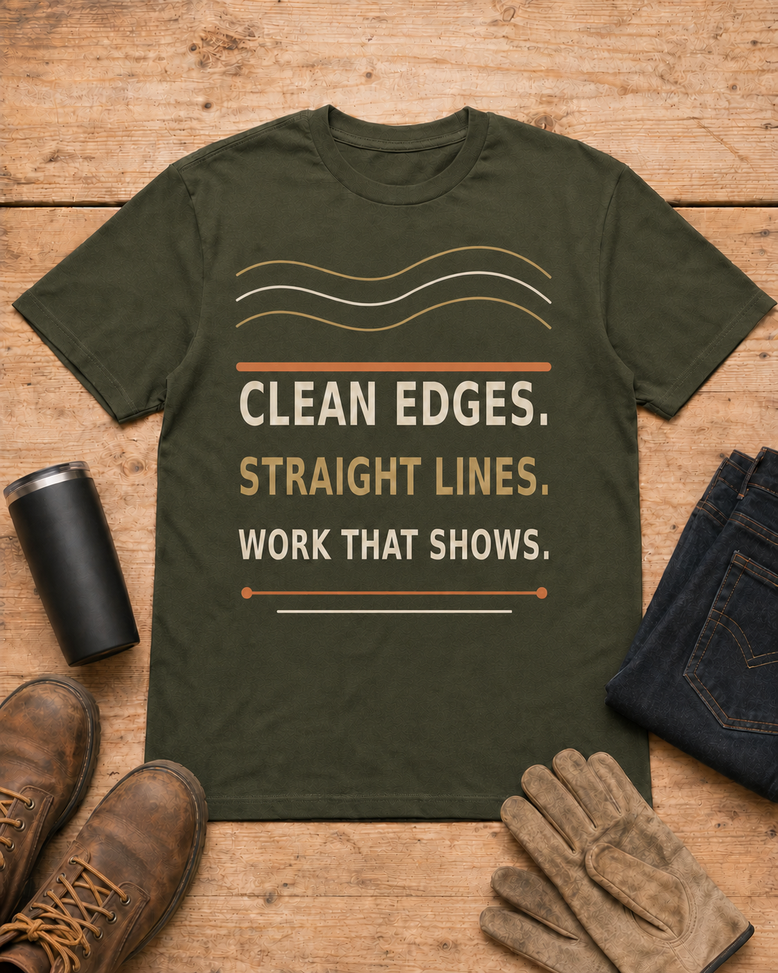 Clean Edges Straight Lines Lawn Care Shirt in Military Green workbench flat lay