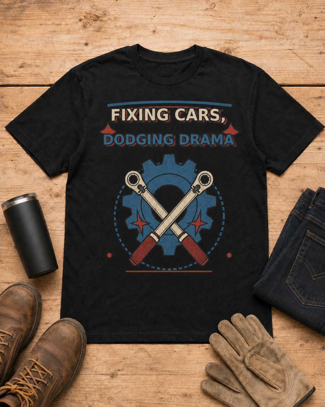 Fixing Cars Dodging Drama Mechanic Shirt in Black workbench flat lay