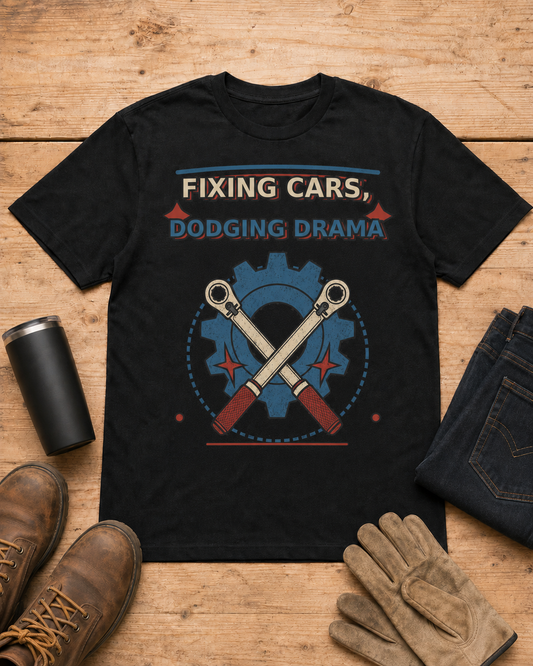 Fixing Cars Dodging Drama Mechanic Shirt in Black workbench flat lay