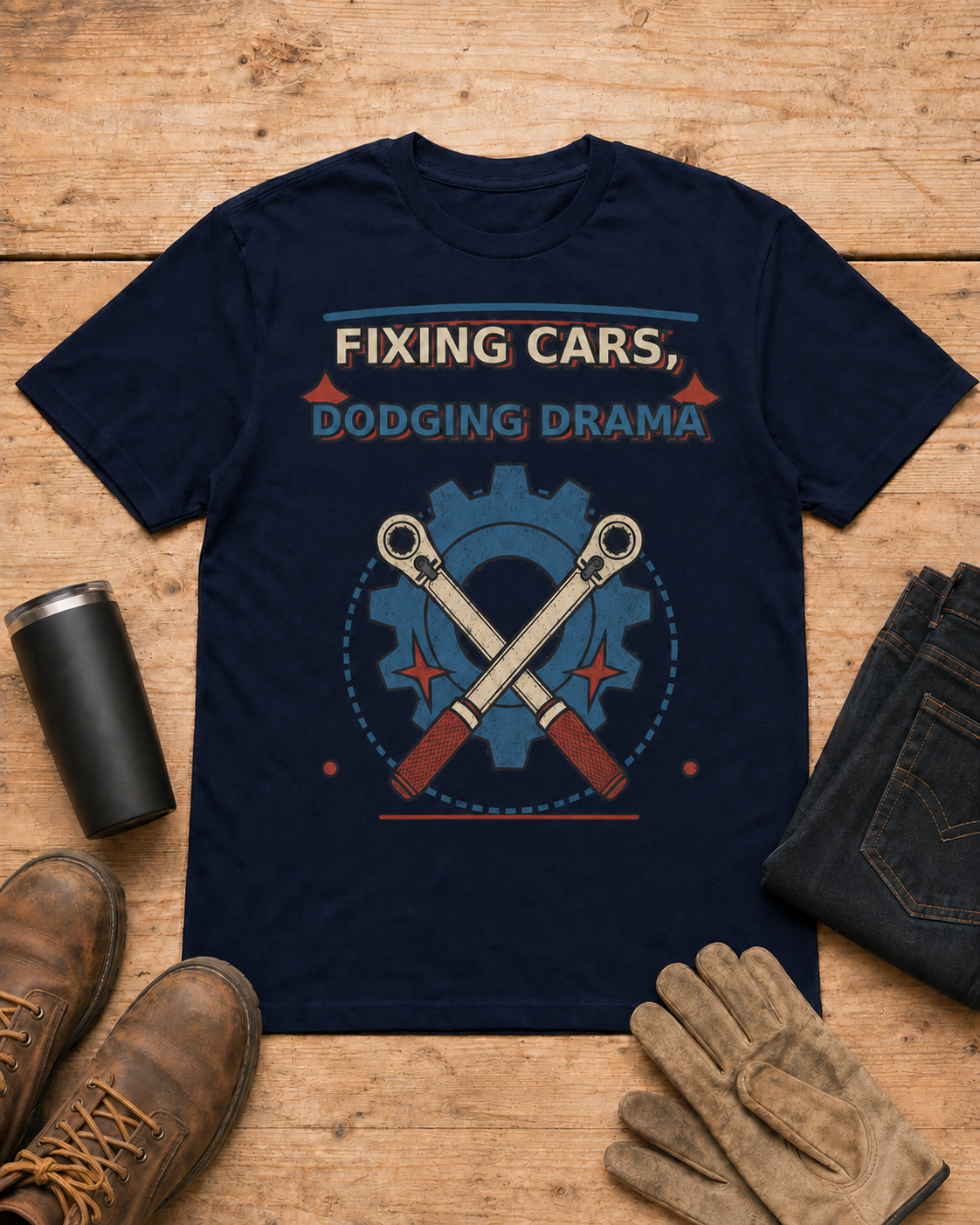 Fixing Cars Dodging Drama Mechanic Shirt in Navy workbench flat lay