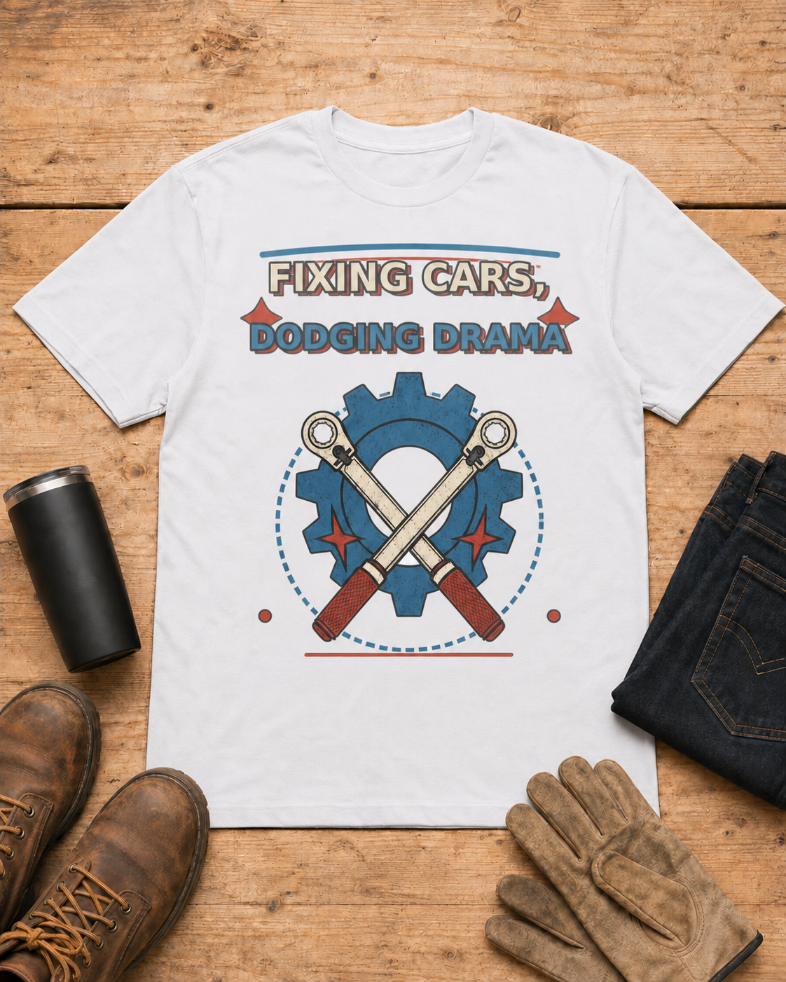Fixing Cars Dodging Drama Mechanic Shirt in White workbench flat lay