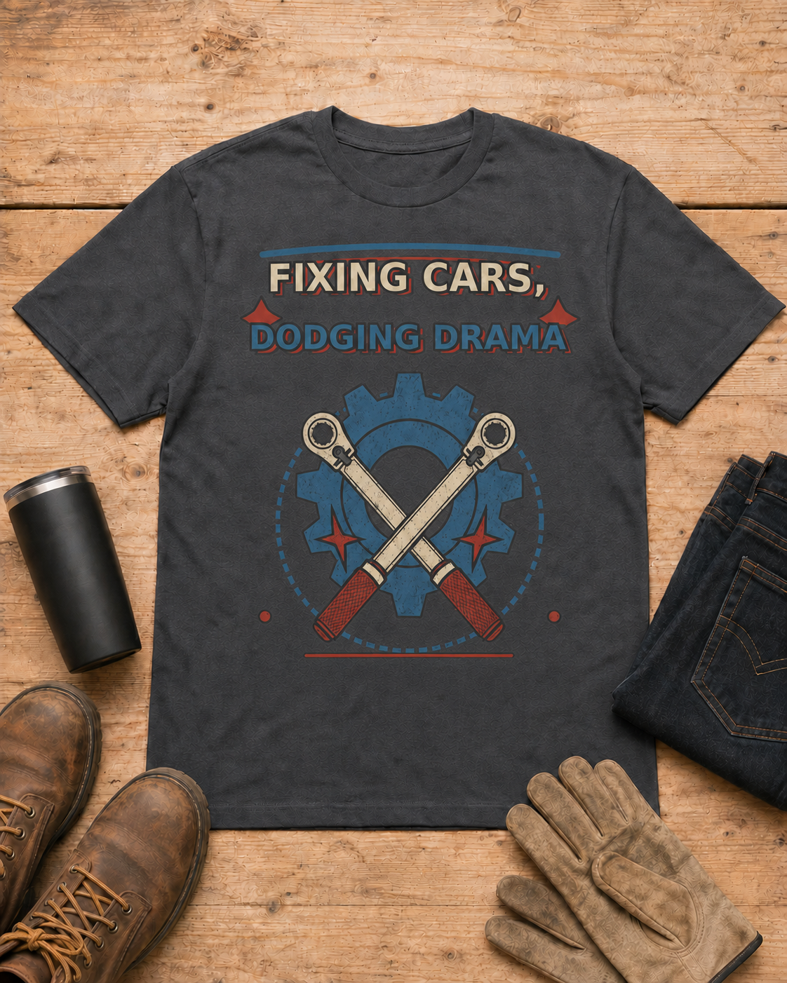 Fixing Cars Dodging Drama Mechanic Shirt in Dark Heather workbench flat lay