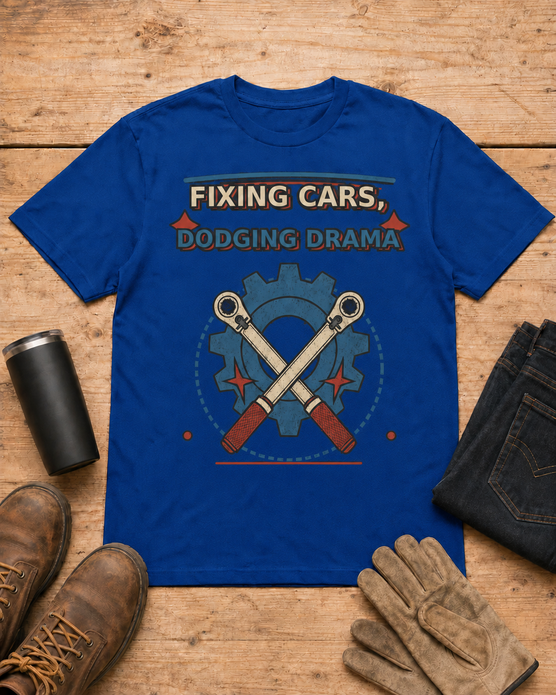 Fixing Cars Dodging Drama Mechanic Shirt in Royal Blue workbench flat lay