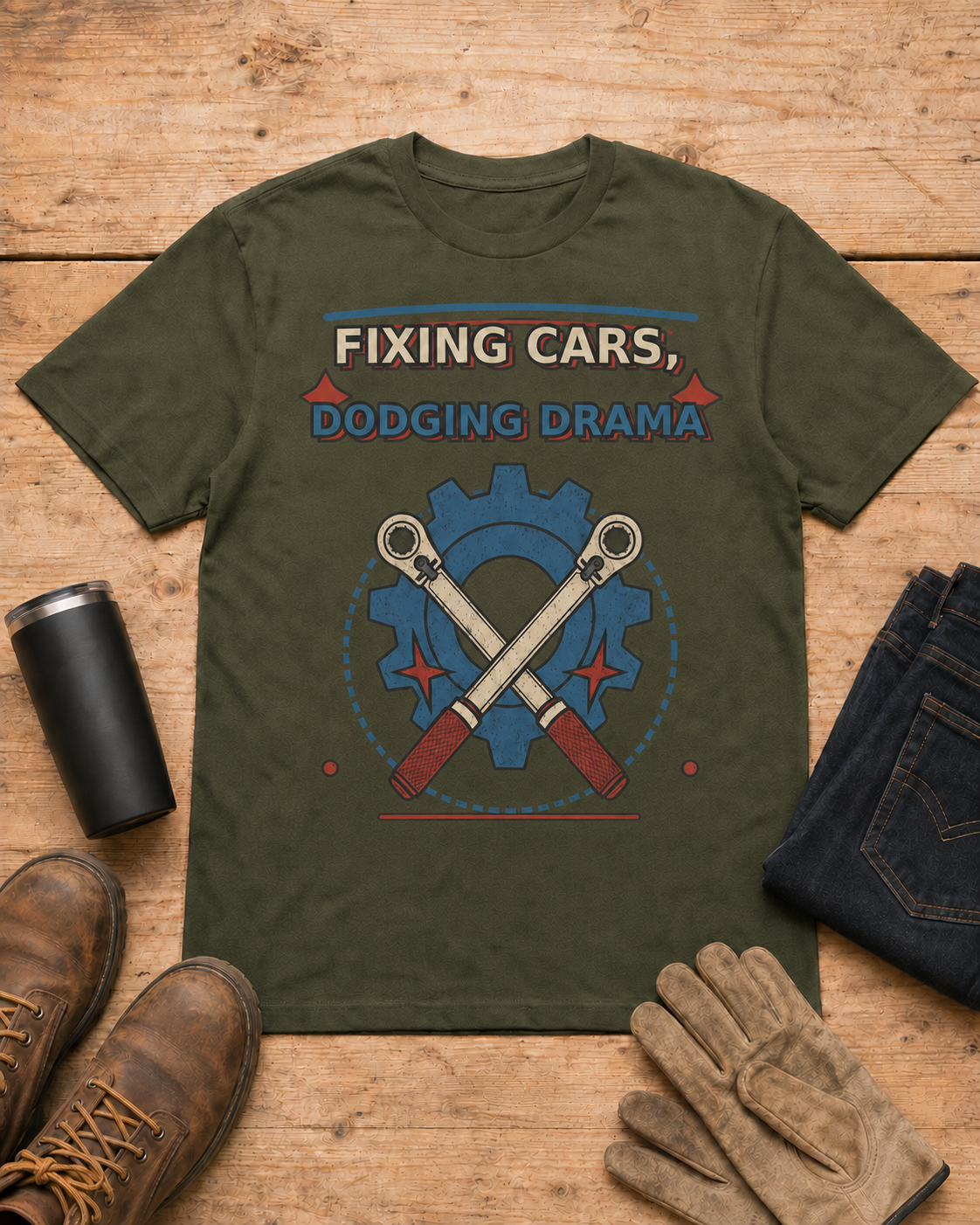 Fixing Cars Dodging Drama Mechanic Shirt in Military Green workbench flat lay