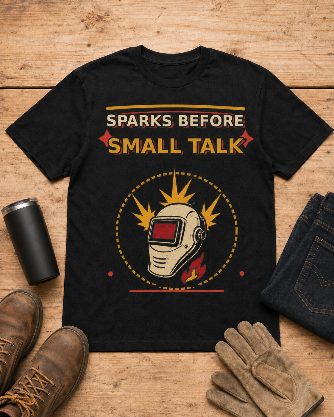 Sparks Before Small Talk Welder Shirt in Black workbench flat lay