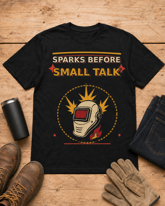 Sparks Before Small Talk Welder Shirt in Black workbench flat lay