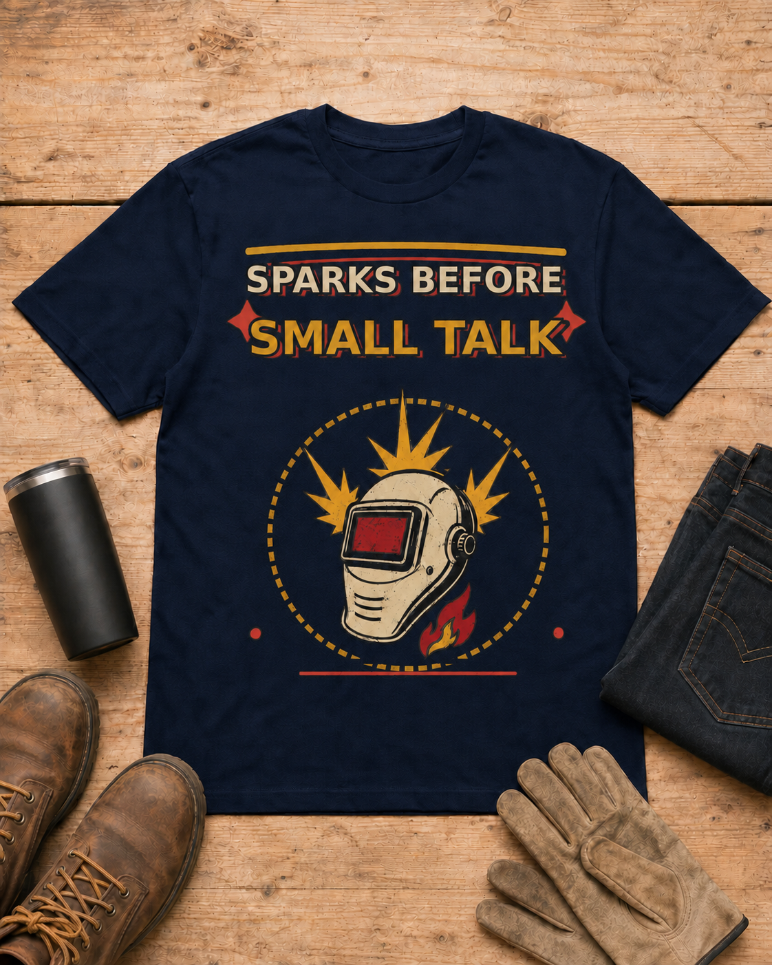 Sparks Before Small Talk Welder Shirt in Navy workbench flat lay