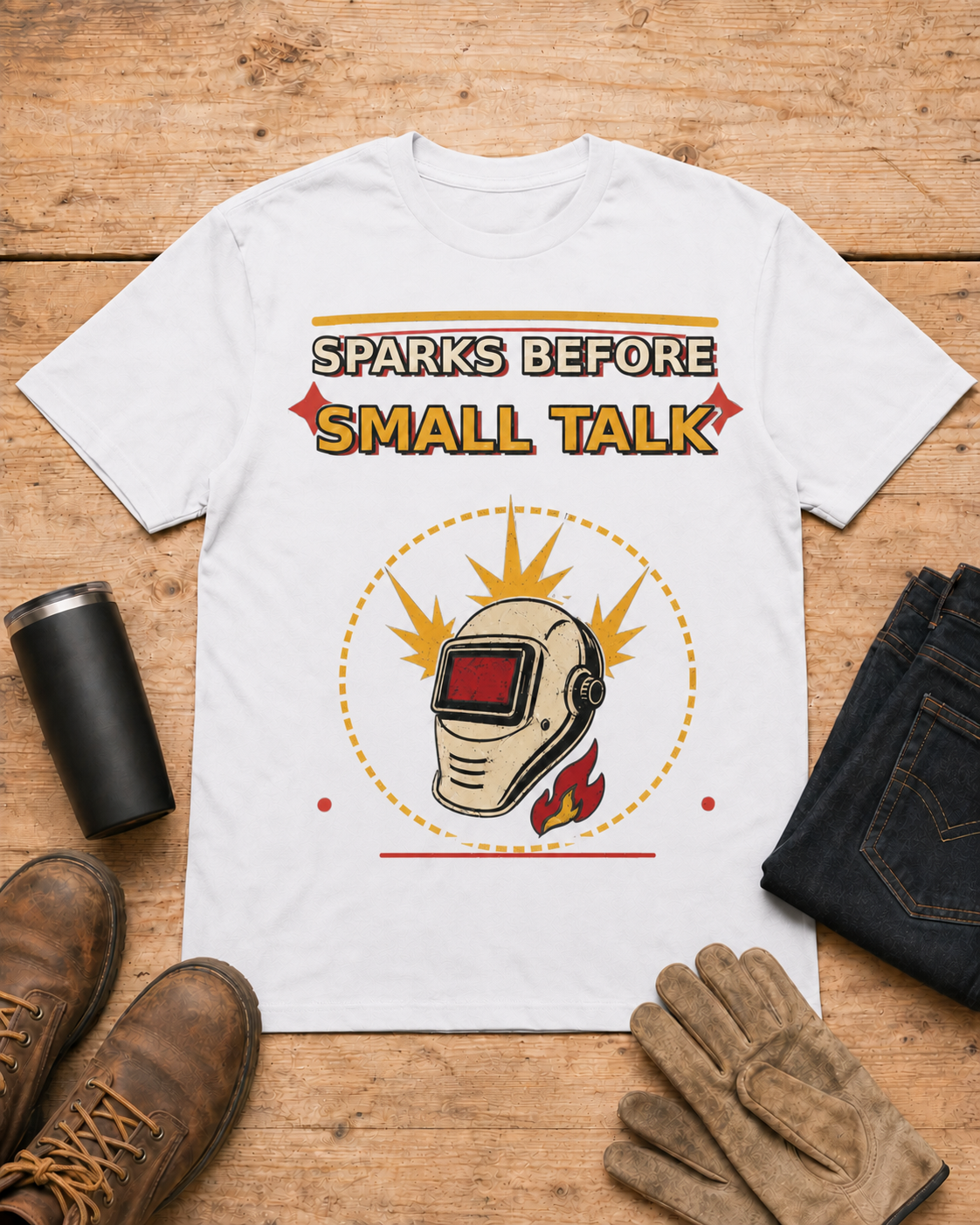 Sparks Before Small Talk Welder Shirt in White workbench flat lay