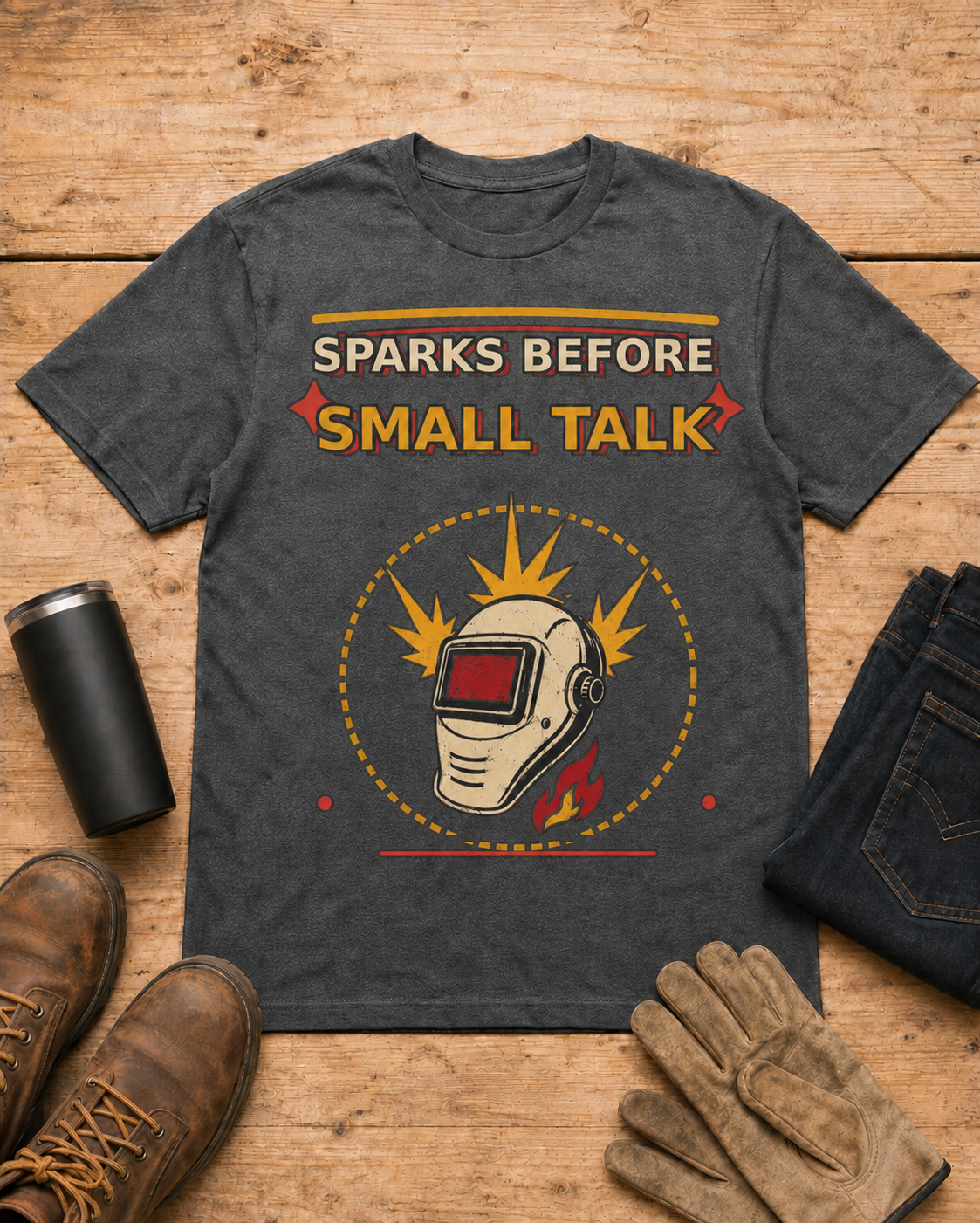Sparks Before Small Talk Welder Shirt in Dark Heather workbench flat lay