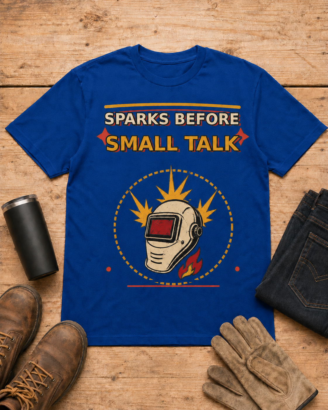 Sparks Before Small Talk Welder Shirt in Royal Blue workbench flat lay