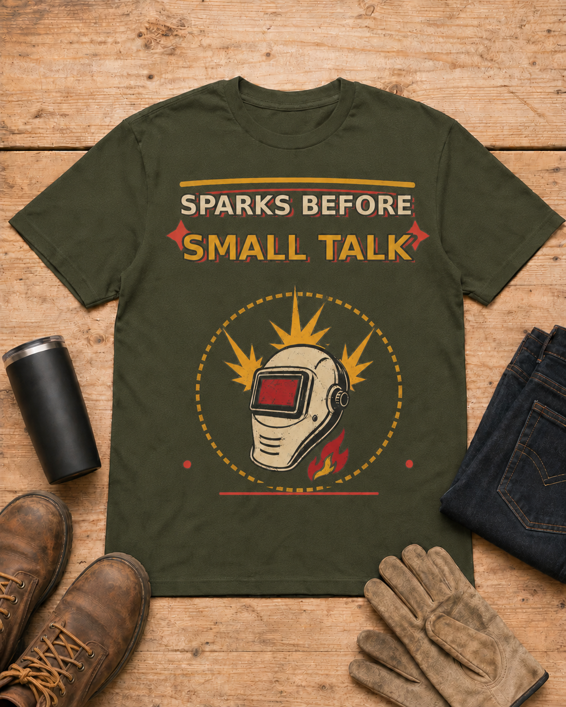 Sparks Before Small Talk Welder Shirt in Military Green workbench flat lay