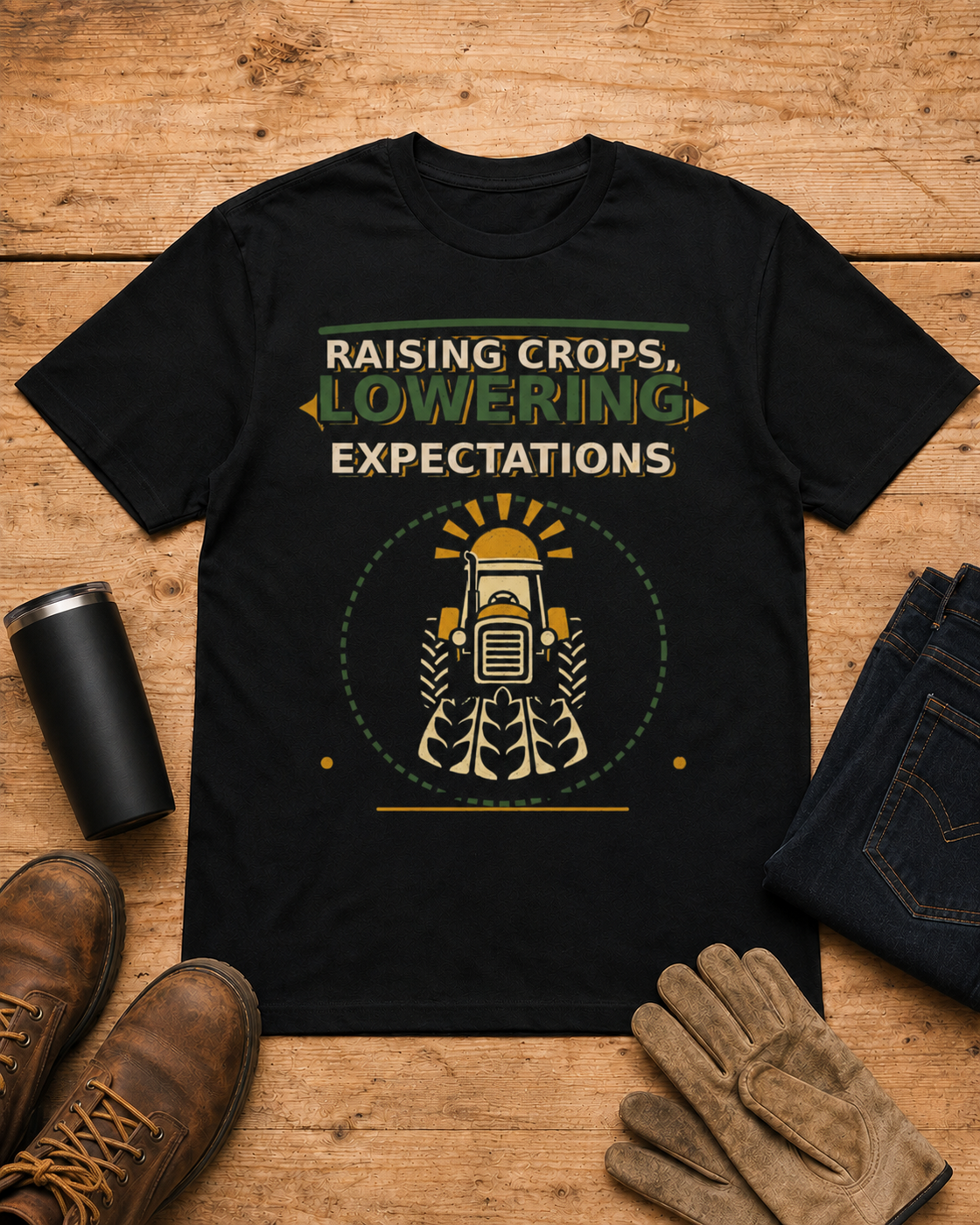 Raising Crops Lowering Expectations Farm Shirt in Black workbench flat lay