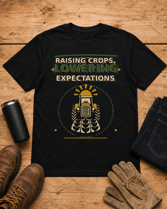 Raising Crops Lowering Expectations Farm Shirt in Black workbench flat lay