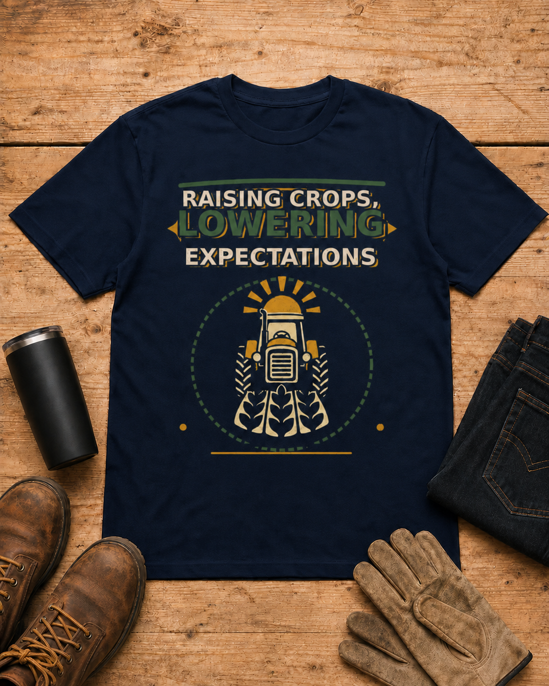 Raising Crops Lowering Expectations Farm Shirt in Navy workbench flat lay