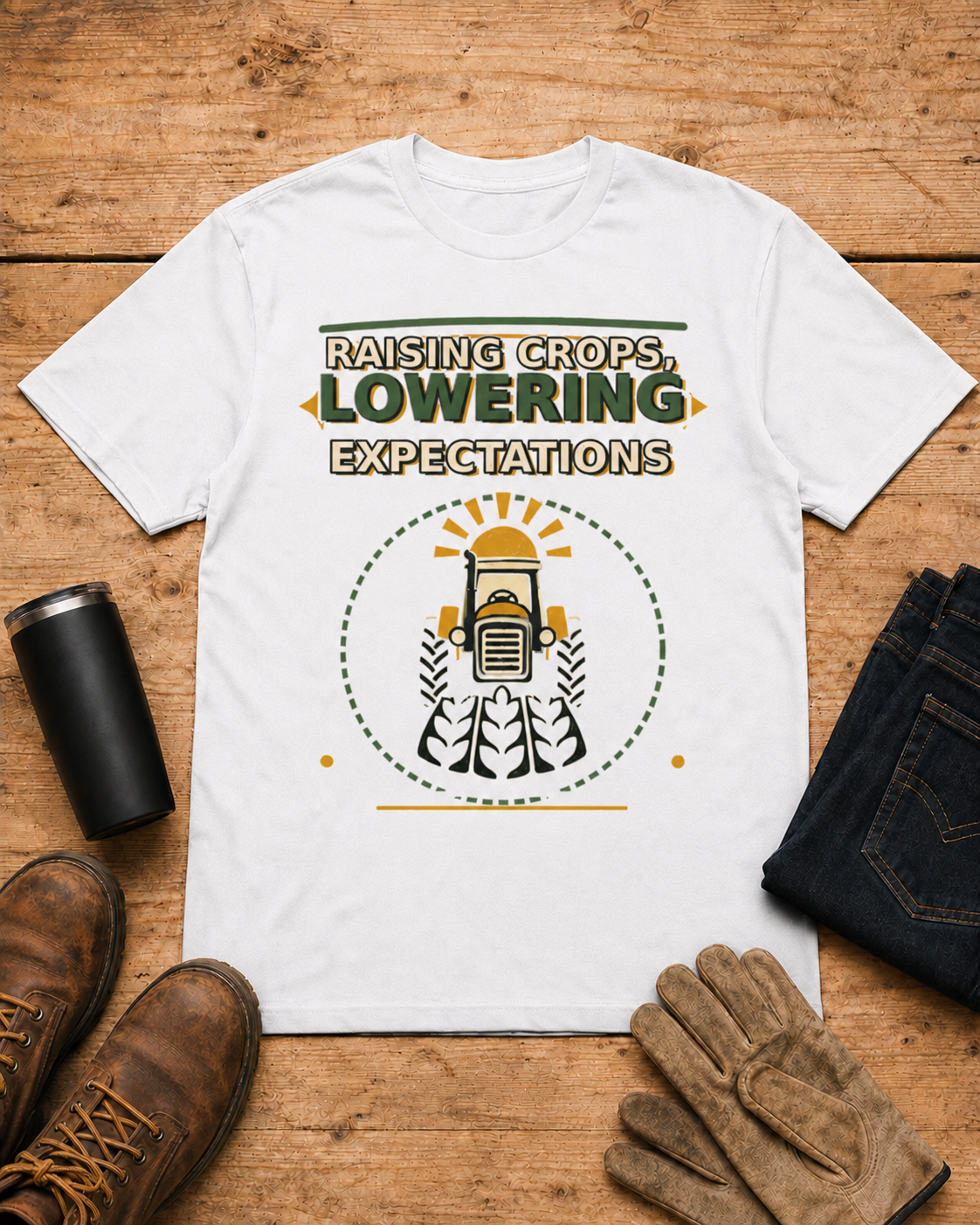 Raising Crops Lowering Expectations Farm Shirt in White workbench flat lay