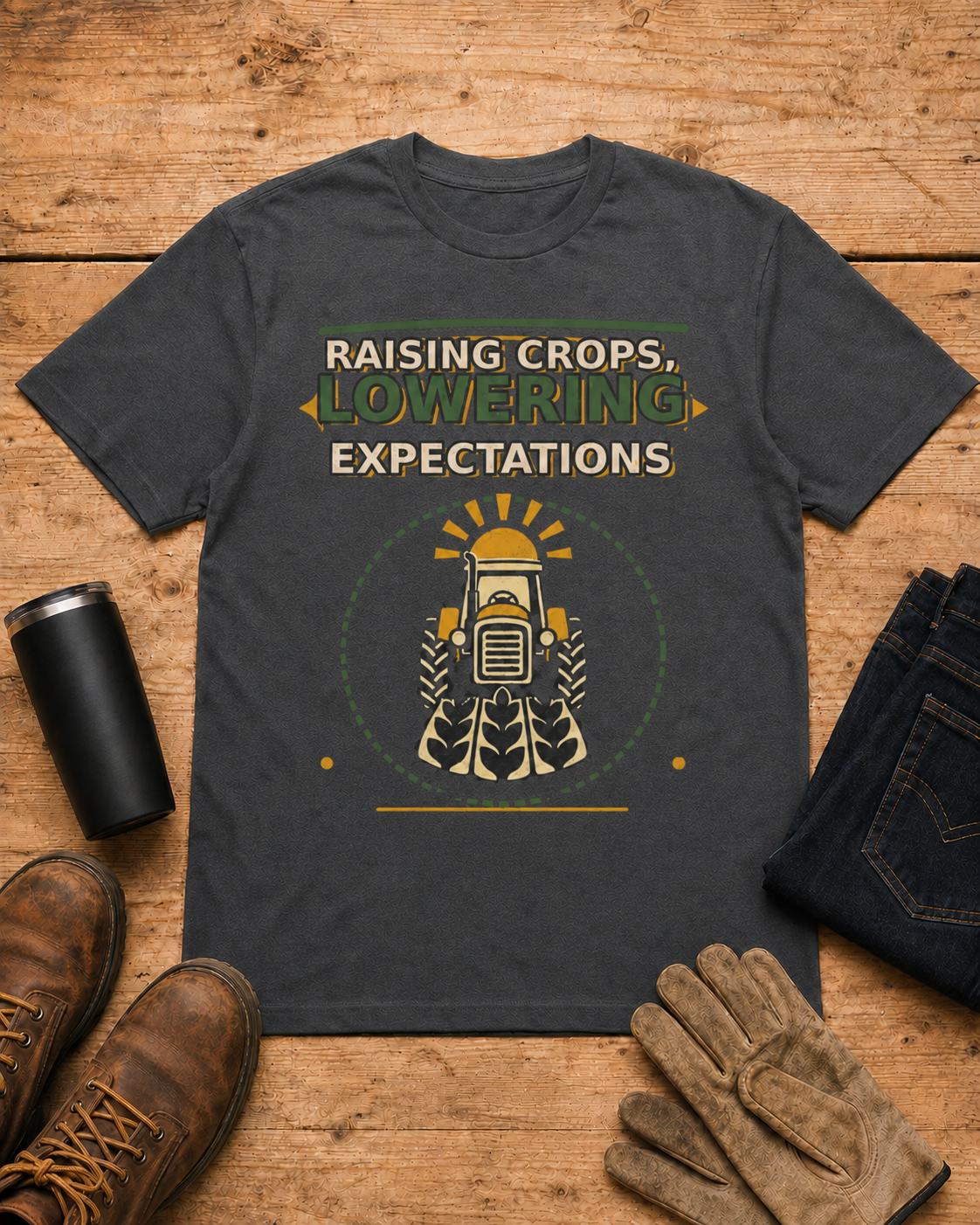 Raising Crops Lowering Expectations Farm Shirt in Dark Heather workbench flat lay