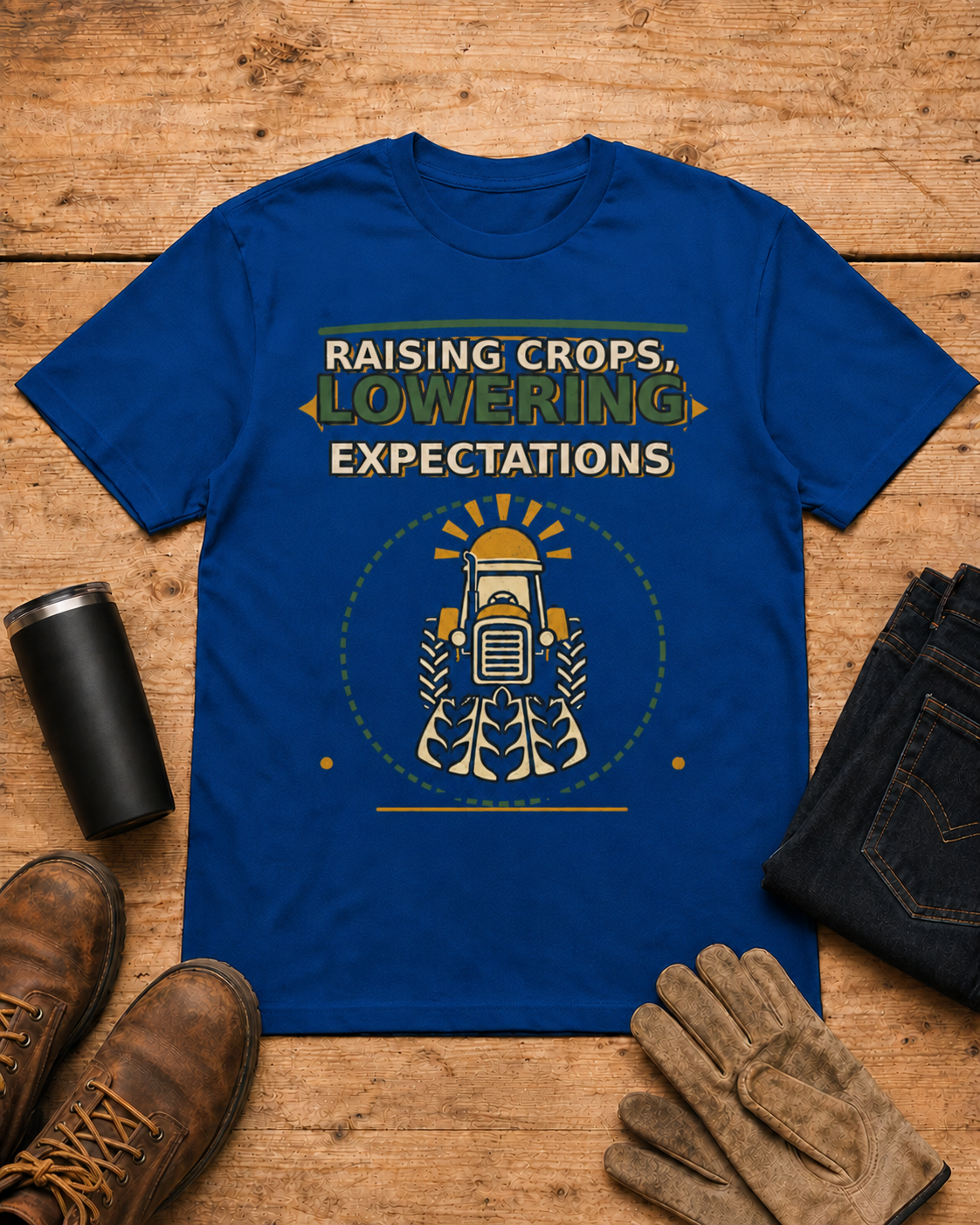 Raising Crops Lowering Expectations Farm Shirt in Royal Blue workbench flat lay