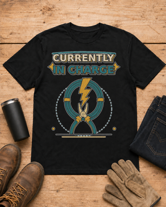 Currently in Charge Electrician Shirt in Black workbench flat lay