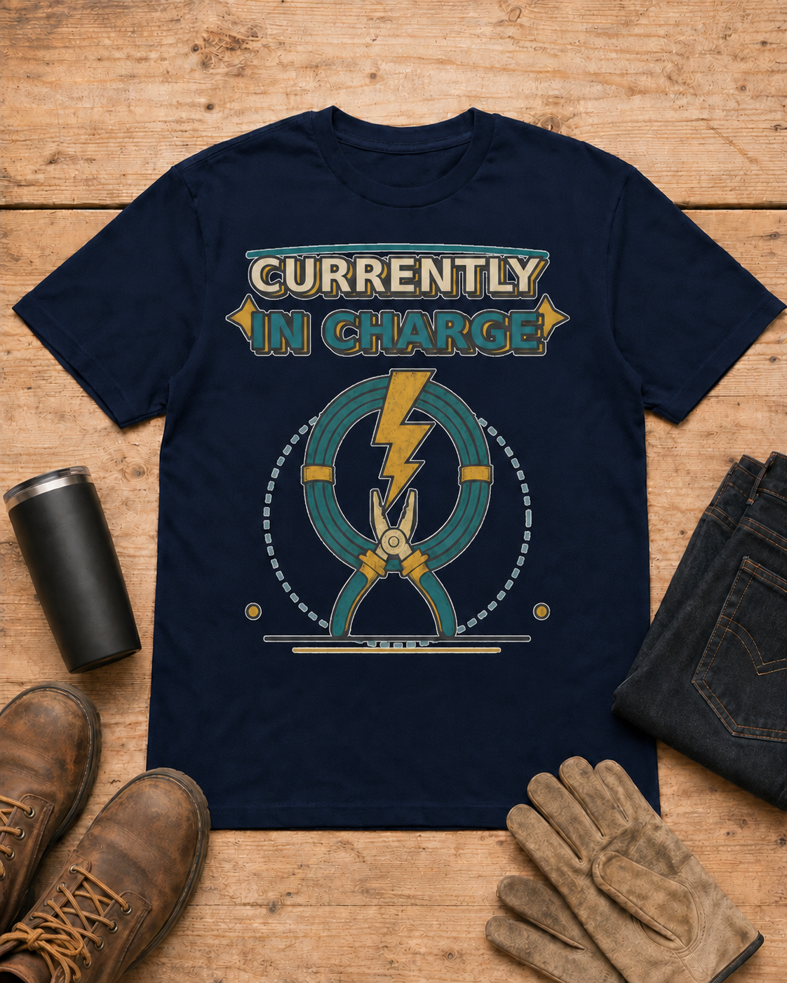 Currently in Charge Electrician Shirt in Navy workbench flat lay