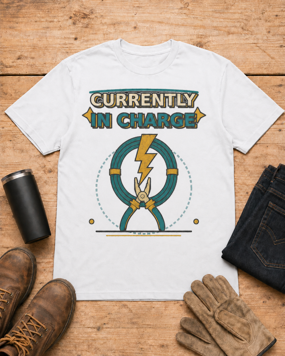 Currently in Charge Electrician Shirt in White workbench flat lay