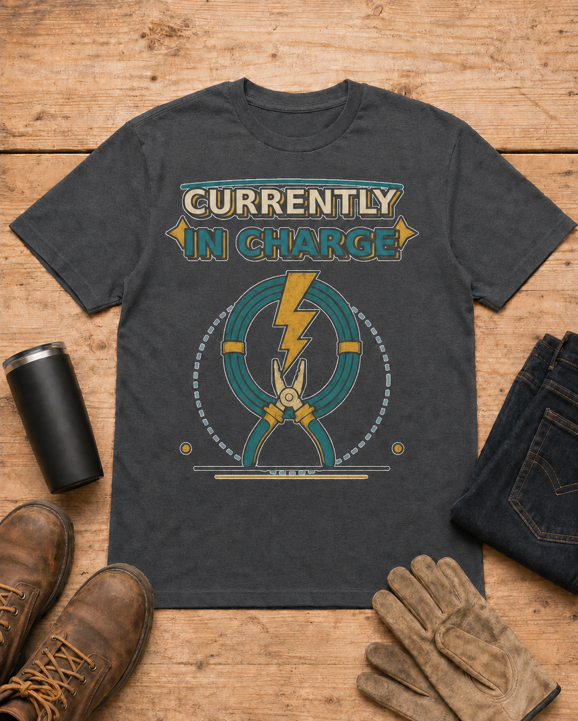 Currently in Charge Electrician Shirt in Dark Heather workbench flat lay