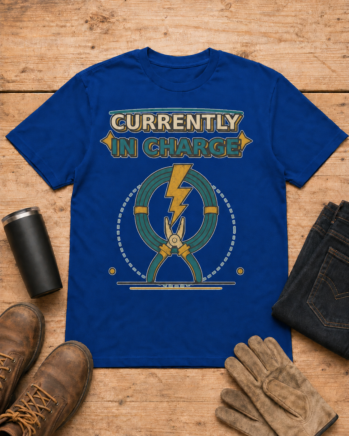 Currently in Charge Electrician Shirt in Royal Blue workbench flat lay