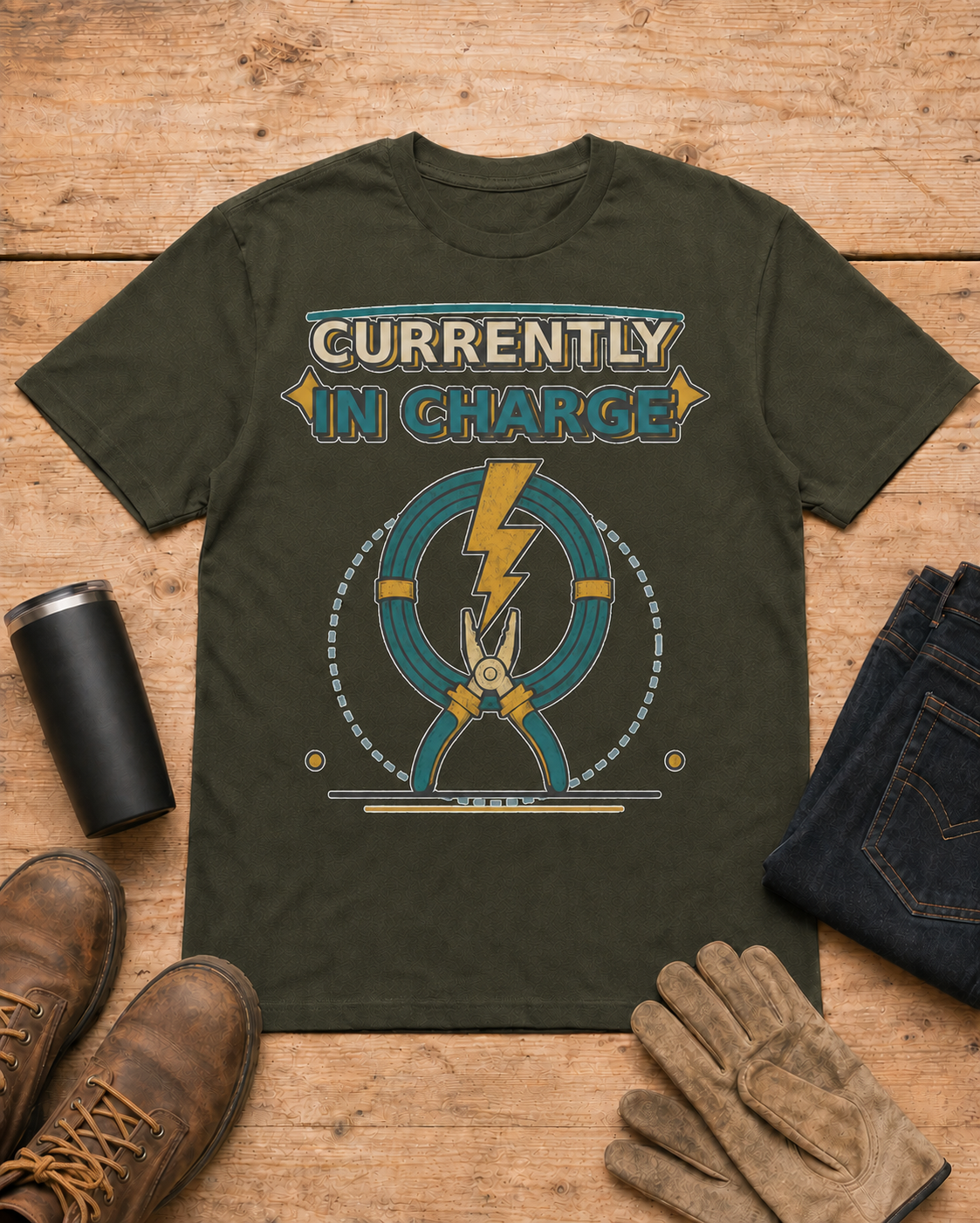 Currently in Charge Electrician Shirt in Military Green workbench flat lay