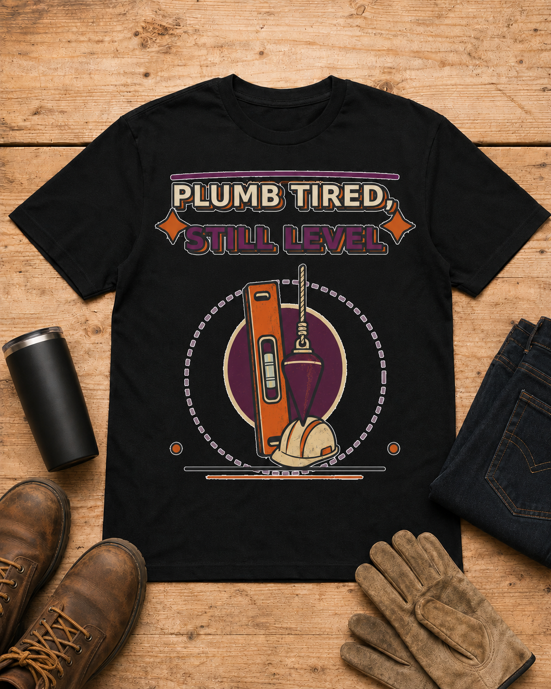 Plumb Tired Still Level Plumber Shirt in Black workbench flat lay