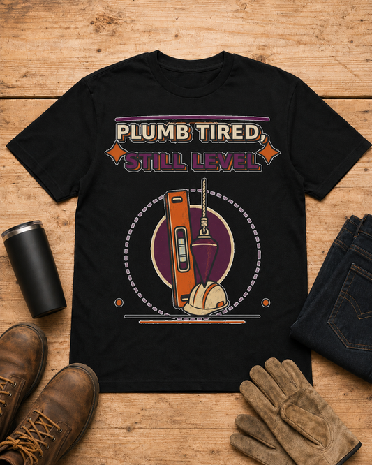 Plumb Tired Still Level Plumber Shirt in Black workbench flat lay